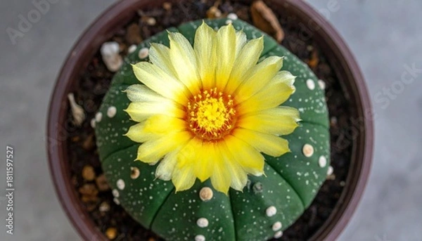 Fototapeta The image displays a star cactus in bloom with a vibrant yellow flower in a brown