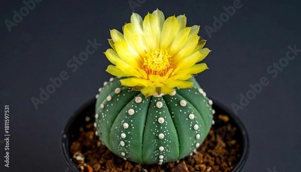 Fototapeta This image displays an Astrophytum cactus, notable for its round shape adorned with a vibrant yellow