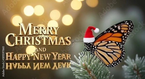 Obraz Butterfly Wishes Happy Holidays - A butterfly wearing a Santa hat sits on pine needles next to text reading Merry Christmas and Happy New Year