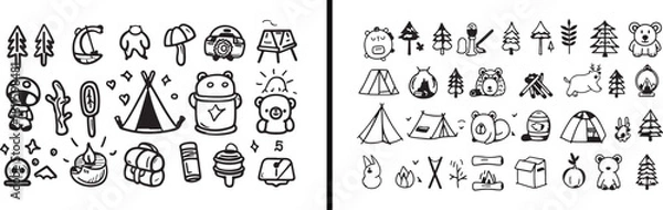 Fototapeta Camping Line Art, Outdoor Sketch Icons, Camping Equipment Illustration, Tent and Backpack Drawing, Hiking Outline Art, Travel Adventure Icons, Minimal Camping Design, Tourist Line Drawing, Nature Sket