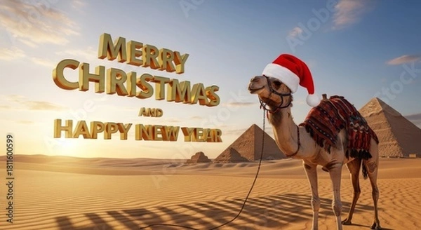 Obraz Christmas in Egypt with a Camel - A festive camel wearing a Santa hat in front of pyramids, wishing a Merry Christmas and Happy New Year