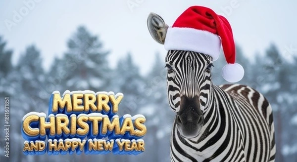 Obraz Christmas Zebra in Winter Forest - Zebra wearing a Santa hat in a snowy forest. Festive animal for holiday cheer. Merry Christmas and Happy New Year
