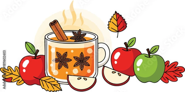 Obraz Hot Apple Cider With Cinnamon Sticks Star Anise Apples And Autumn Leaves In Soft Light