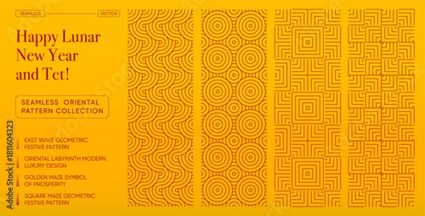 Obraz Tet and Lunar New Year Seamless Oriental Pattern Collection. Golden maze, circle, and wave line textures for prosperity, Tet celebration and elegant Lunar New Year geometric design patterns