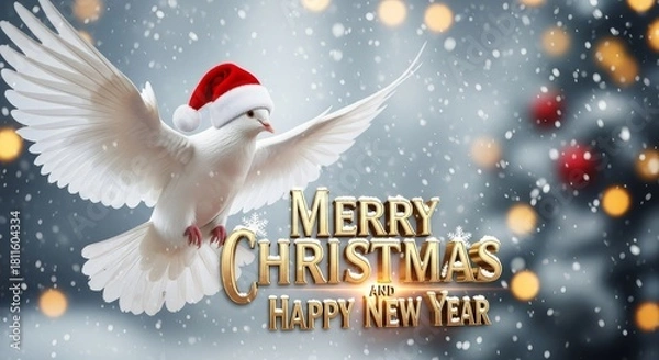 Obraz Dove with Santa Hat for Christmas - White dove in a Santa hat with a snowy background and the text Merry Christmas and Happy New Year