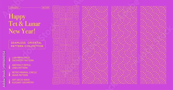 Fototapeta Luxury Tet and Lunar New Year Seamless Oriental Pattern Set. Pink and gold geometric wave pattern motif, maze, and circle line designs for elegant Asian Tet and Lunar New Year festive backgrounds
