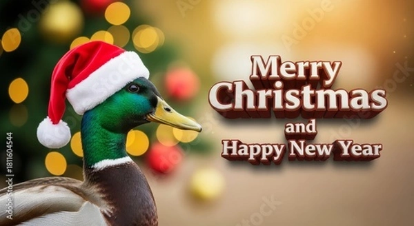 Obraz Duck Wearing Christmas Hat - A duck wears a Santa hat in front of a blurred Christmas tree. Merry Christmas and Happy New Year text overlay