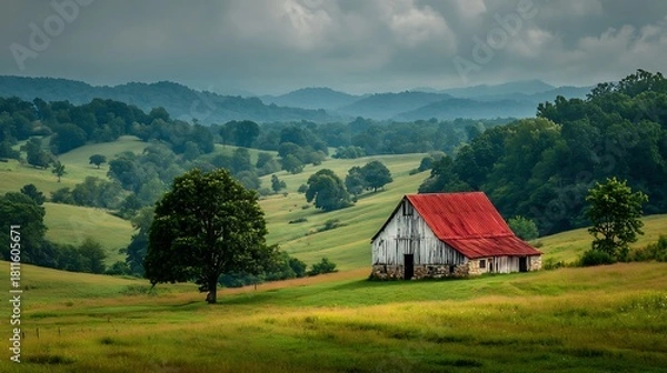 Fototapeta Picturesque landscape featuring an old barn with a red roof nestled in rolling green hills under a cloudy sky, capturing the essence of rural charm