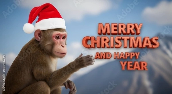 Obraz Festive Monkey Wishes Happy Holidays - A monkey wearing a Santa hat wishes viewers a Merry Christmas and Happy New Year in front of a mountain scene