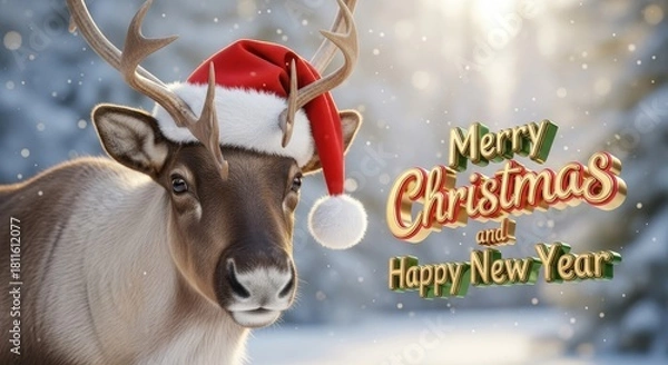 Obraz Reindeer in Santa Hat - A festive reindeer wearing a Santa hat with a Merry Christmas and Happy New Year message in a snowy winter setting