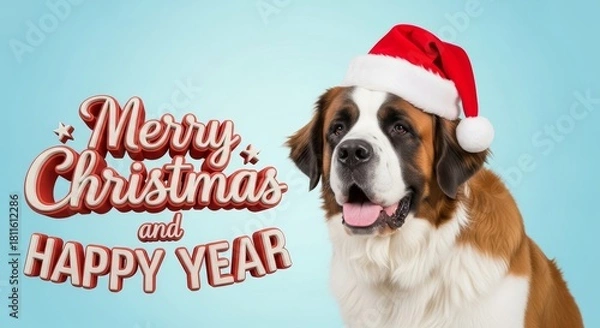 Obraz Saint Bernard Dog Christmas Card - A Saint Bernard dog wearing a Santa hat with text overlay that reads "Merry Christmas and Happy Year". Light blue solid background