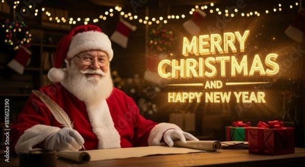Obraz Santa Claus Checking His List - Santa Claus with white beard is checking the list for Christmas gifts. Merry Christmas and Happy New Year text