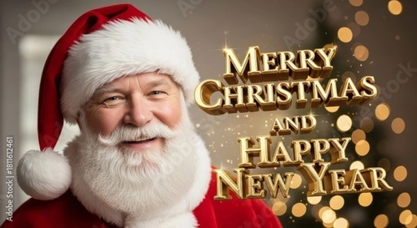 Obraz Santa Claus Wishing Merry Christmas - A warm of Santa Claus wishing everyone a Merry Christmas and a Happy New Year with festive bokeh background