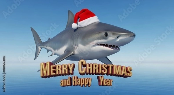 Obraz Shark Wearing Santa Hat - A shark is wearing a Santa hat. It is Merry Christmas and happy year in the ocean water