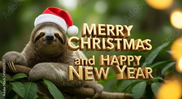 Obraz Sloth Celebrating Christmas and New Year - A festive sloth wearing a Santa hat wishes Merry Christmas and Happy New Year amidst lush greenery