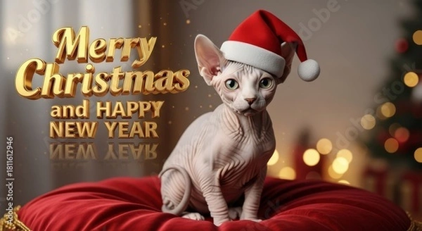 Obraz Sphynx Cat Celebrates Christmas and New Year - A cute Sphynx cat wears a Santa hat on a red cushion with Christmas decorations and a greeting
