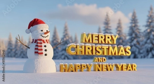 Obraz Snowman Wishes for Christmas and New Year - A cheerful snowman in a winter landscape greets the holidays with a festive message in golden letters