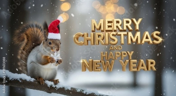 Obraz Squirrel Wishes Merry Christmas and Happy New Year - A squirrel wearing a Santa hat holding a snowflake with a Merry Christmas and Happy New Year message