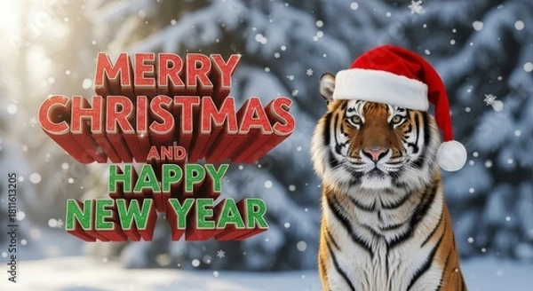 Obraz Tiger Celebrates Christmas and New Year - A tiger wearing a Santa hat poses in a snowy landscape with "Merry Christmas and Happy New Year" text overlay