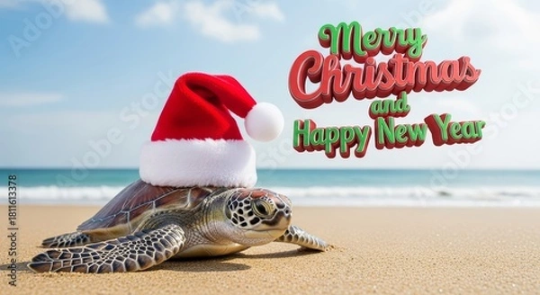 Obraz Turtle Christmas Beach Holiday - A sea turtle wearing a Santa hat crawls on a sandy beach with a Merry Christmas and Happy New Year greeting