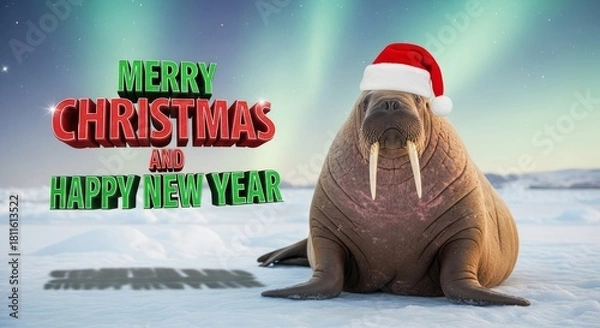 Obraz Walrus Christmas Holiday - A walrus wearing a Santa hat on an icy landscape with text reading Merry Christmas and Happy New Year