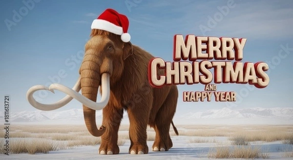 Obraz Woolly Mammoth Holiday Season - A woolly mammoth wears a Santa hat against a snowy mountain backdrop wishing viewers a Merry Christmas and Happy Year