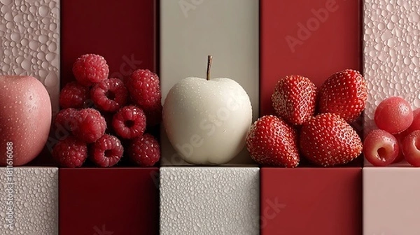 Fototapeta A vibrant and colorful still life featuring an assortment of fresh fruits arranged against a geometric background, creating a visually appealing composition
