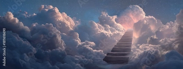 Obraz A staircase rising through the clouds leading to a dramatic, bright sky