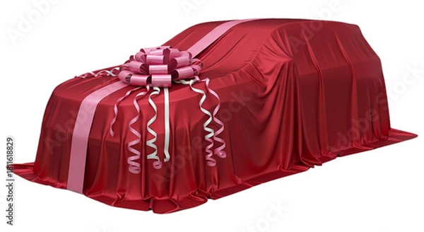 Fototapeta Car covered in red satin fabric and gift bow. cutout on transparent background