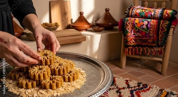 Fototapeta Woman's hands preparing traditional moroccan chebakia pastries