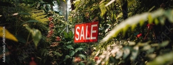 Fototapeta Bright red "SALE" sign hanging amidst festive greenery and red berries