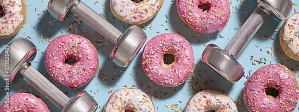 Fototapeta Donuts and a pink dumbbell, creating a contrast symbolizing the balance between fitness and temptation