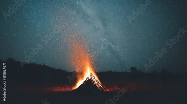 Fototapeta A mesmerizing bonfire ablaze beneath a starlit sky, its fiery glow illuminating the night as sparks dance and ascend into the vast expanse above