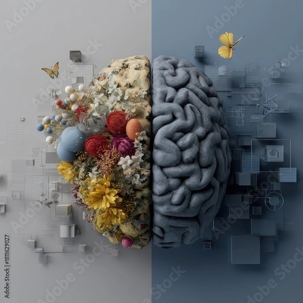Fototapeta Half brain with colorful flowers, butterflies, and organic shapes on one side, geometric shapes and digital elements on other, symbolizing creativity and logic, watercolor effect