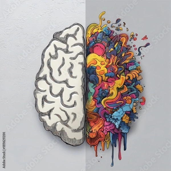 Obraz Half brain illustration, left side in black and white sketch, right side colorful with abstract shapes, symbolizing creativity and science, watercolor effect, imaginative mood