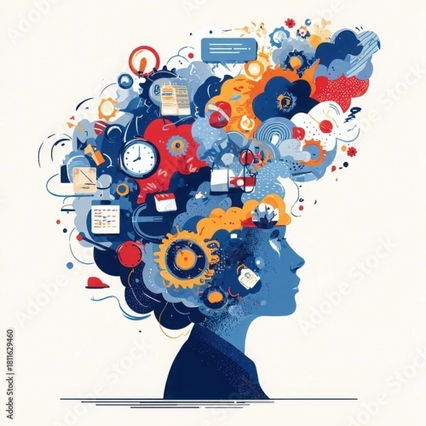 Fototapeta Creative brain human profile with colorful watercolor effect gears clock documents and science icons symbolizing innovation ideas and knowledge in vibrant artistic style