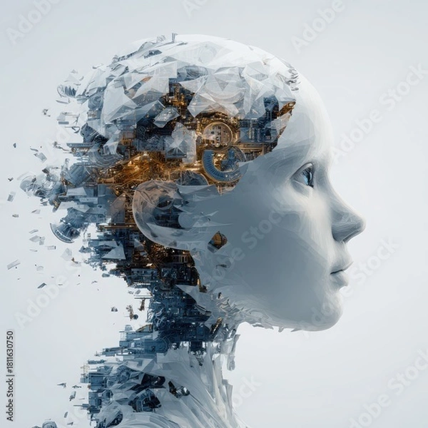 Fototapeta Futuristic human head with watercolor effect, blending technology, science, and artificial intelligence, showing gears and circuits, creative and innovative concept