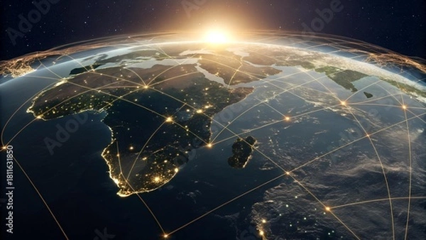 Fototapeta The image features Earth from space, showing continents illuminated at night and interconnected by a network of golden