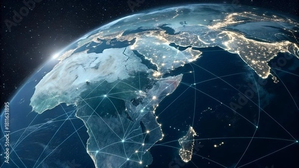 Fototapeta A digital illustration features Earth from space at night, showing city lights and global network