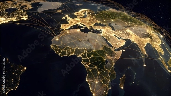 Fototapeta This image showcases a stylized earth view with gleaming illuminated cities and network