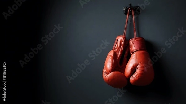 Fototapeta A pair of red boxing gloves hanging on a dark gray wall, symbolizing the sport of boxing, fitness, and the challenges of competition and training