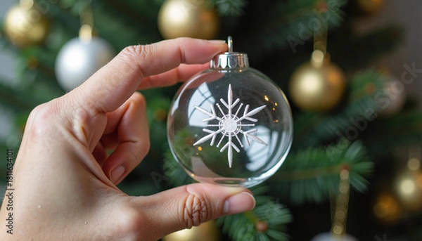 Fototapeta Hand holding glass ornament with snowflake design by Christmas tree  