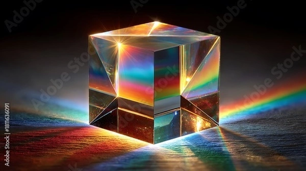 Fototapeta Optical cube dispersing light into rainbow colors, creating a mesmerizing display of physics and beauty, perfect for science, education, or artistic concepts