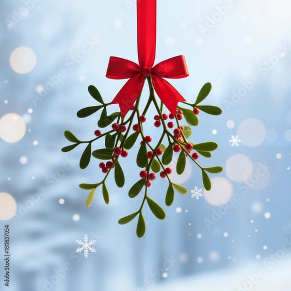 Fototapeta Mistletoe with red ribbon hanging in winter forest background  
