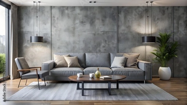 Fototapeta The image shows a modern living room with a grey sofa, a wooden table, and a minimalist