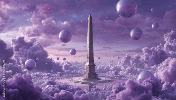 Fototapeta Majestic Obelisk Rises Above Dreamlike Clouds with Floating Spheres and Fantasy Sky