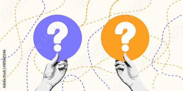 Obraz Hands holding question marks on colorful circles with dotted background