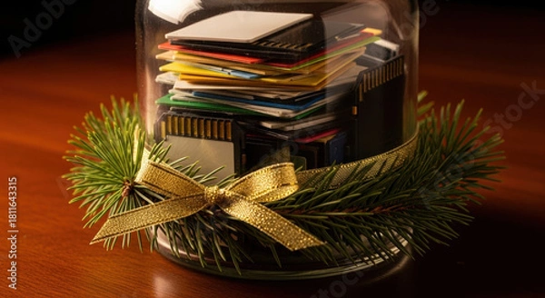 Obraz New year memory jar filled with colorful memory cards, adorned with a festive golden ribbon and pine sprigs, set on a warm wooden table under soft lighting