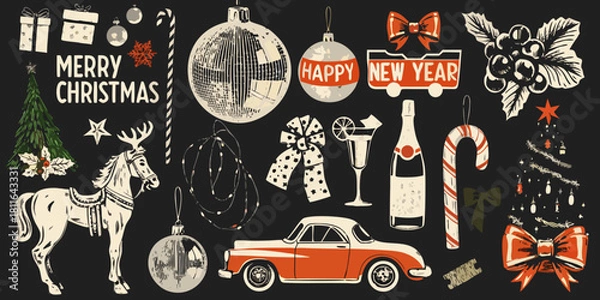 Obraz Festive christmas and new year s eve illustration with retro elements on black