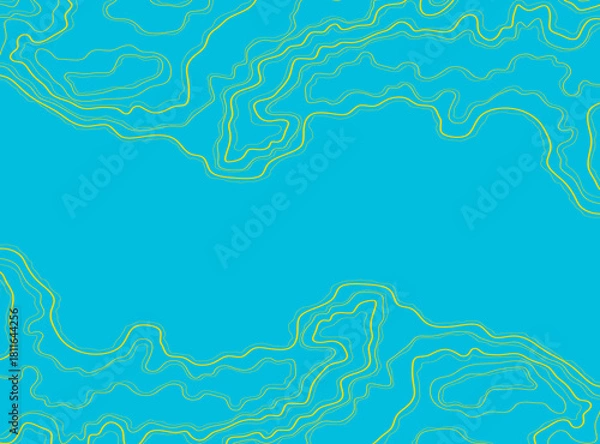 Fototapeta Abstract blue topographical background with yellow lines. Wavy contour lines, minimalism, and geometry. Damask pattern. Topographic background with empty space for text.
